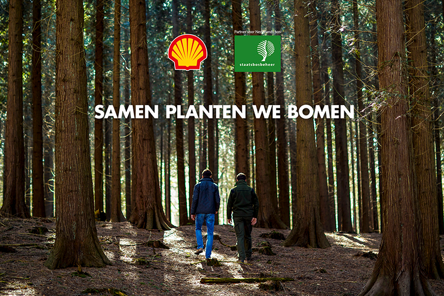 Samen planten we bomen - misleidende greenwash fossiele reclame Shell en Staatsbosbeheer