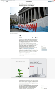 In een artikel over een rechtszaak tegen Exxon vanwege klimaatontkenning, post Exxon een advertentie die laat zien dat Exxon goede intenties heeft met het klimaat. Maar het businessmodel van Exxon is nog steeds 99% olie en gas. En met intenties red je de wereld niet.