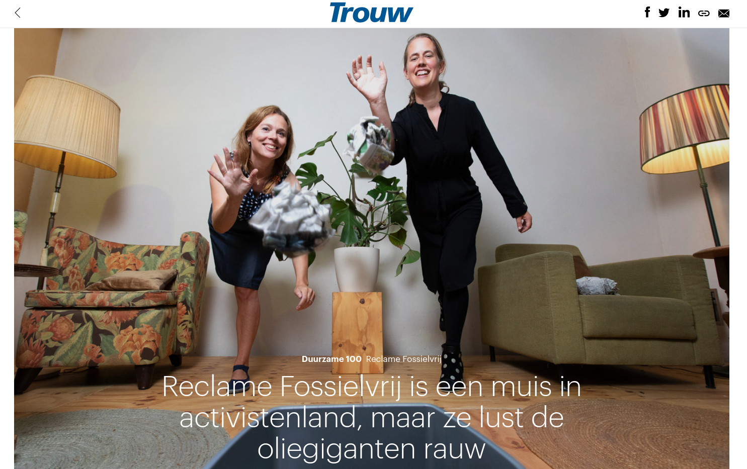 Reclame Fossielvrij op nr 3 Trouw Duurzame 100